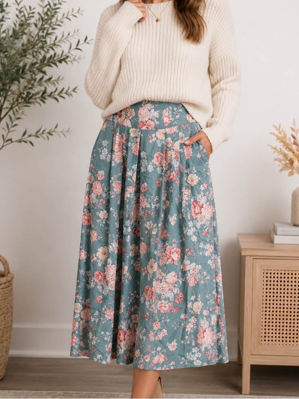 Apostrophe Teal Floral Maxi Skirt with Pink Blooms